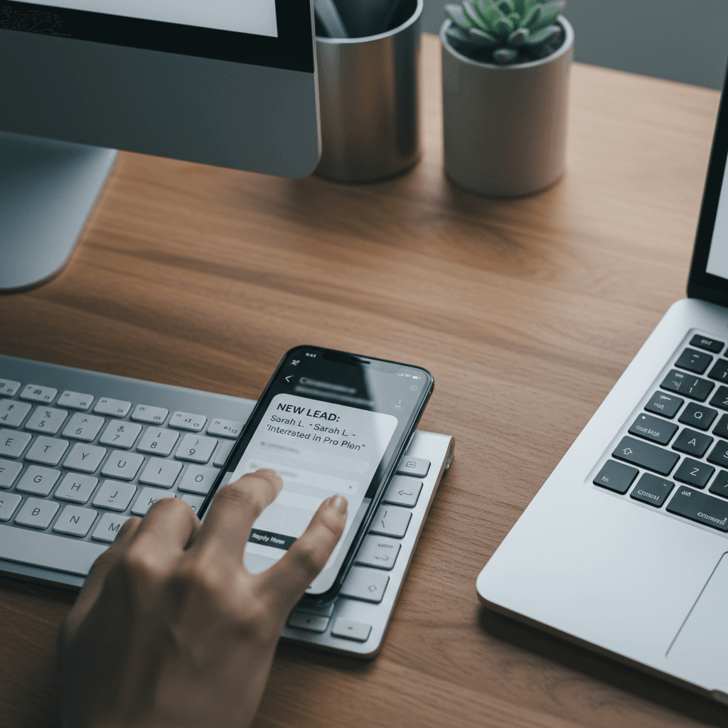 Close-up of hand reaching toward smartphone displaying customer inquiry notification on professional desktop workspace