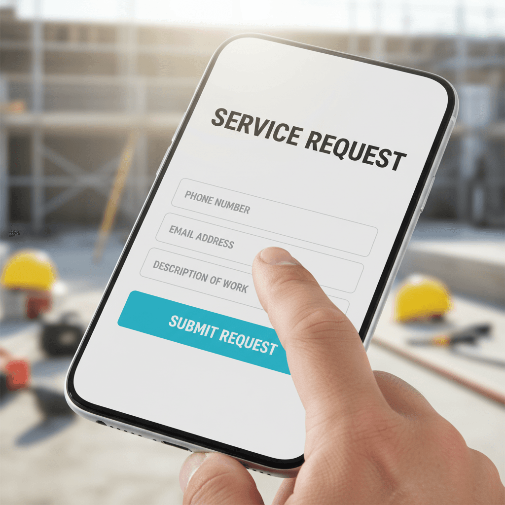 Contractor's finger clicking on mobile service request form with call-to-action button on smartphone